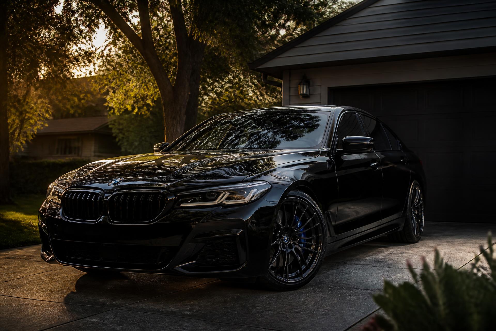 Freshly detailed black luxury sedan in a Millbrae, California driveway